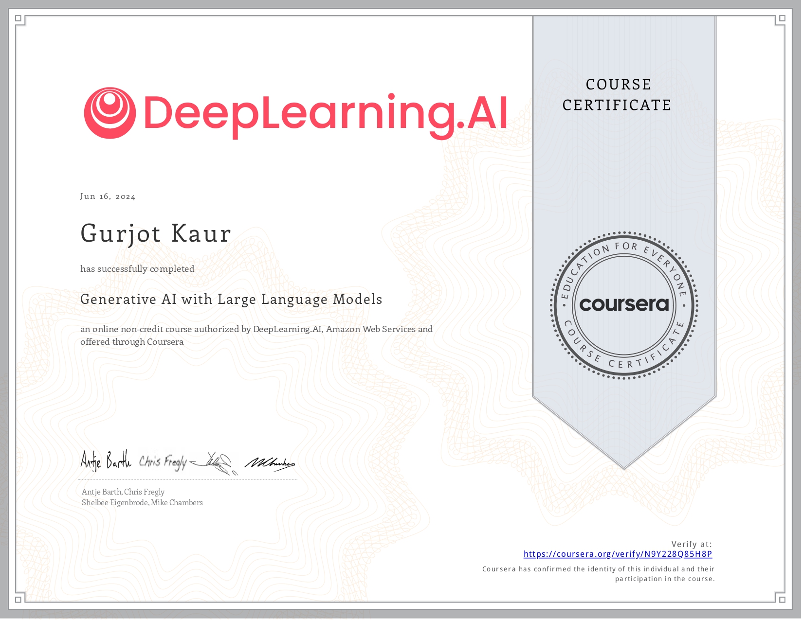 Generative AI with LLMs certificate