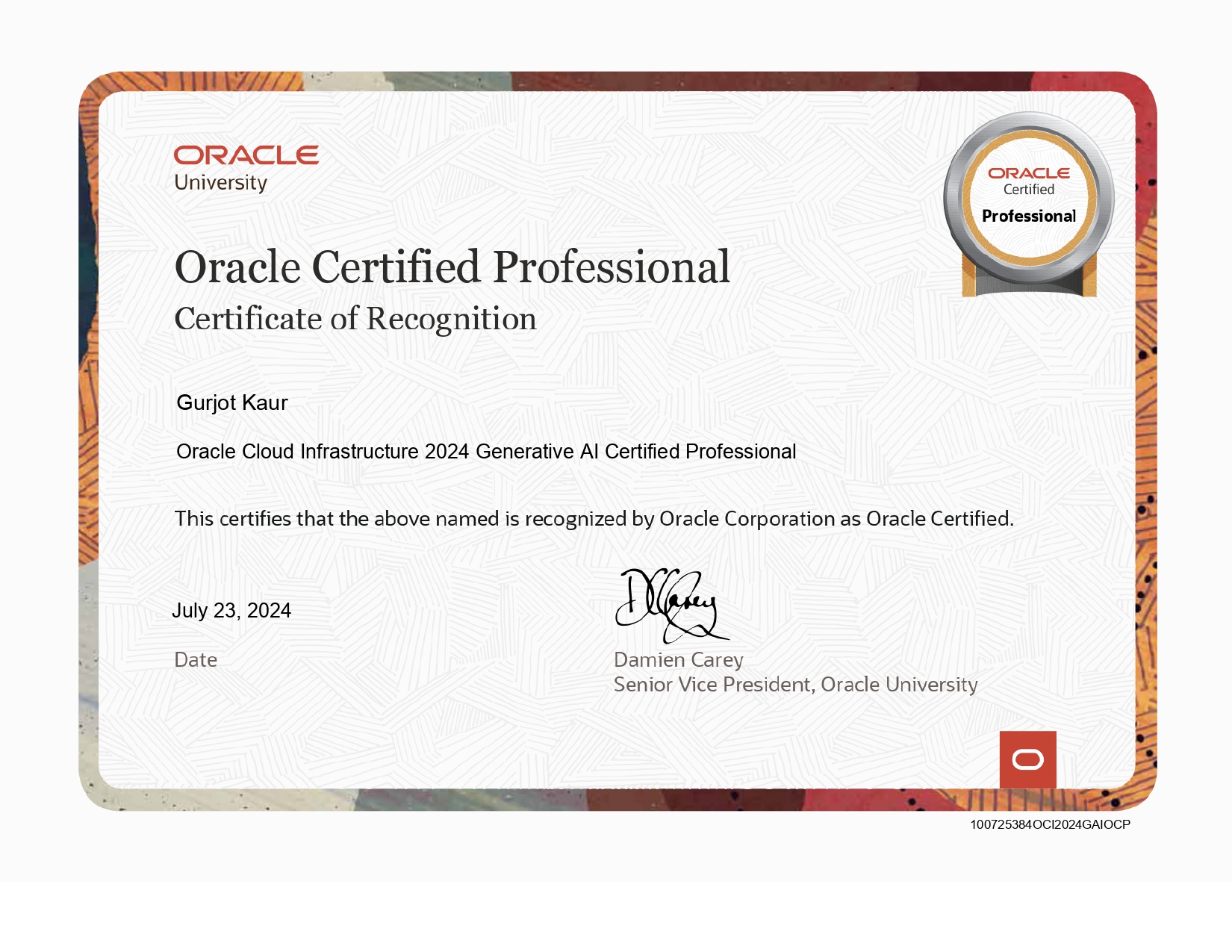 Oracle Certified Professional certificate
